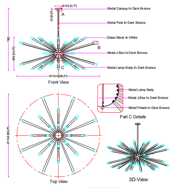 CAD design drawings for a commercial chandelier project
