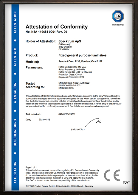 Tyson Lighting international certification document 4