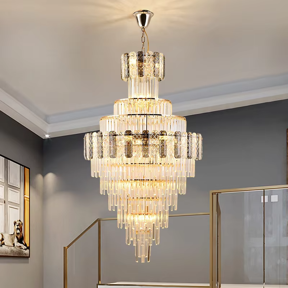 Luxurious multi-layer crystal tower chandelier, golden frame paired with transparent crystals and textured decorative blocks, brilliant and gorgeous lighting, creating a high-end luxurious atmosphere.