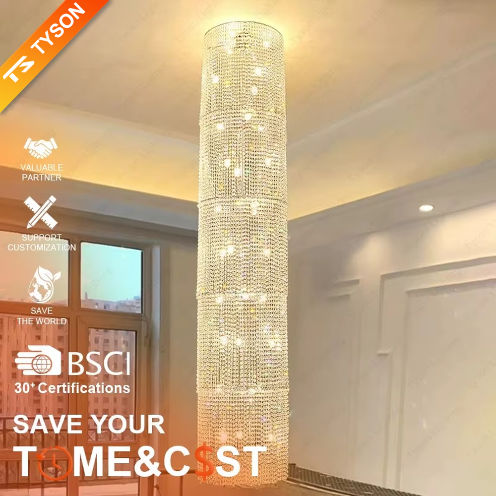 This is a luxury cylindrical crystal chandelier, made of full crystal material, with multi-layer crystals forming a cylindrical shape, brilliant lighting, featuring a magnificent and luxurious design with strong visual impact. It is used for space lighting and decoration, creating a high-end luxury atmosphere. It is suitable for high-end hotel lobbies, luxury banquet halls, large commercial exhibition halls and other places.