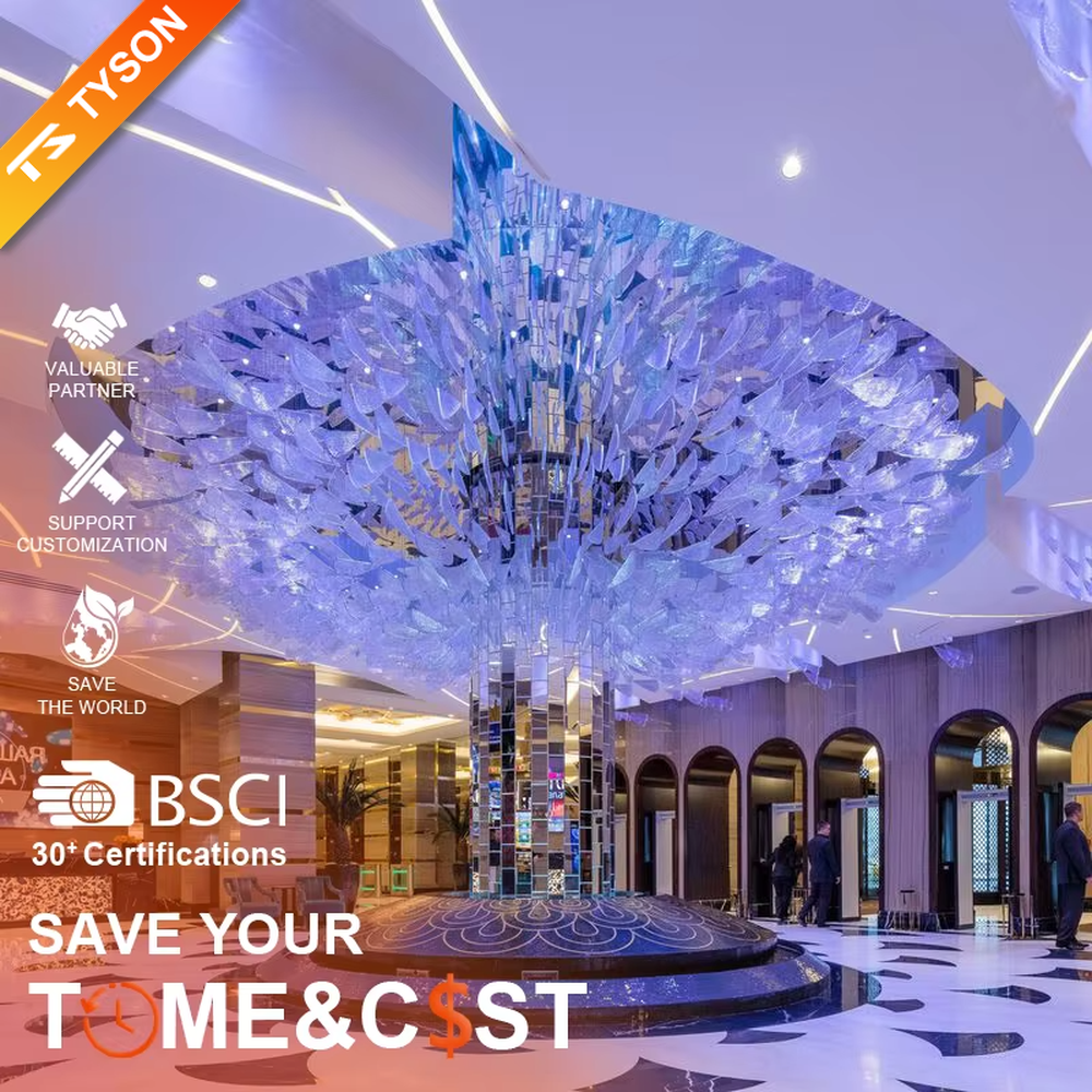 This is a large artistic crystal chandelier, composed of numerous irregular transparent sheet-like components. It has a layered, art-sculpture-like design and presents a luxurious and dreamy effect with purple lighting. It is used for decorating the space and providing lighting, with both artistic sense and practicality. It is suitable for high-end hotel lobbies, luxury casinos, large banquet halls and other high-end places.