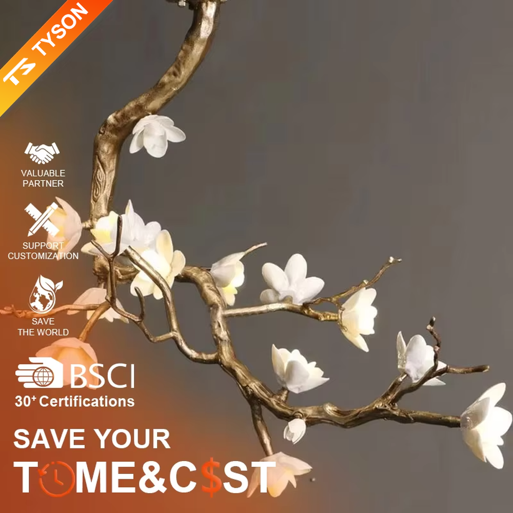 This is an artistic luxurious magnolia branch-shaped chandelier, with a golden simulated branch frame paired with white magnolia-shaped lampshades. The design combines natural artistic sense and luxurious texture, with soft and elegant lighting. It is used for space lighting and artistic decoration to create an artistic luxurious atmosphere. Suitable for light luxury-style dining rooms, luxury villa living rooms, high-end hotel banquet halls and other places.
