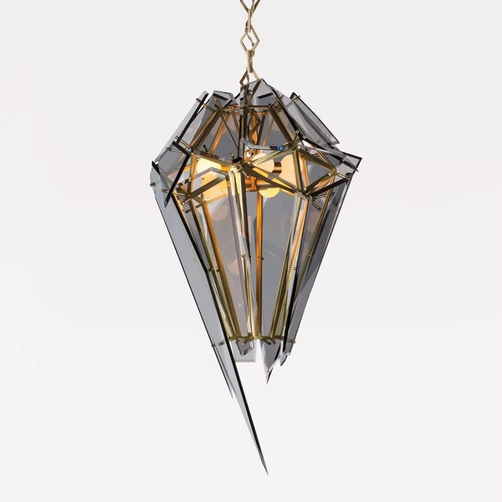 This is a modern luxurious diamond ice crystal-shaped chandelier (including transparent/smoke gray two colors), with a golden metal frame paired with geometric cut transparent/smoke gray material. The shape is like ice crystal diamond, and the lighting is brilliant and high-end, creating a high-end artistic atmosphere.
