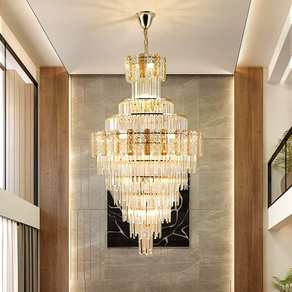 Luxurious multi-layer crystal tower chandelier, golden frame paired with transparent crystals and textured decorative blocks, brilliant and gorgeous lighting, creating a high-end luxurious atmosphere.
