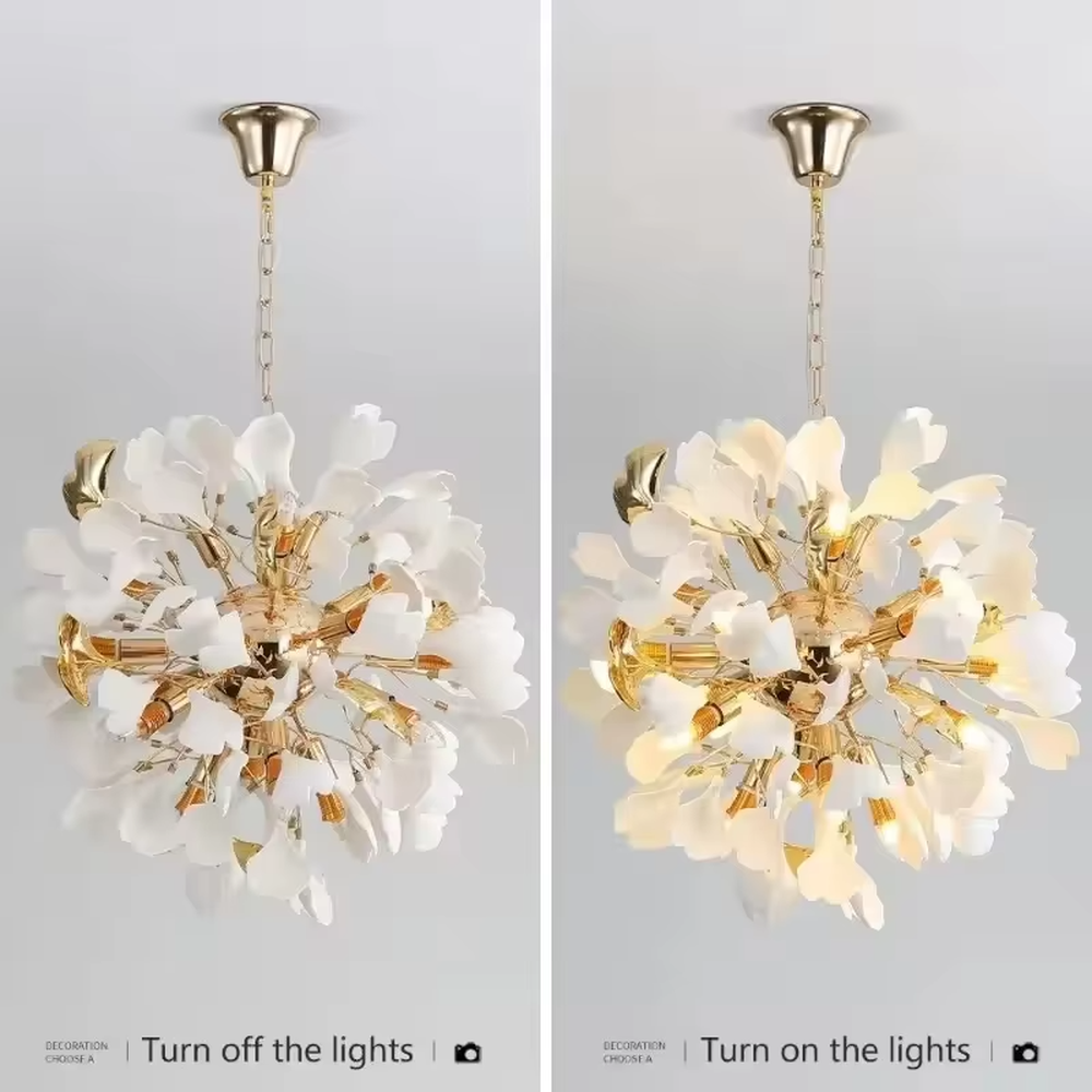 This is a light luxury elegant flower-shaped chandelier, with a golden metal frame paired with white petal lampshades, shaped like a blooming flower. The lighting is soft and warm, suitable for high-end bathroom spaces.