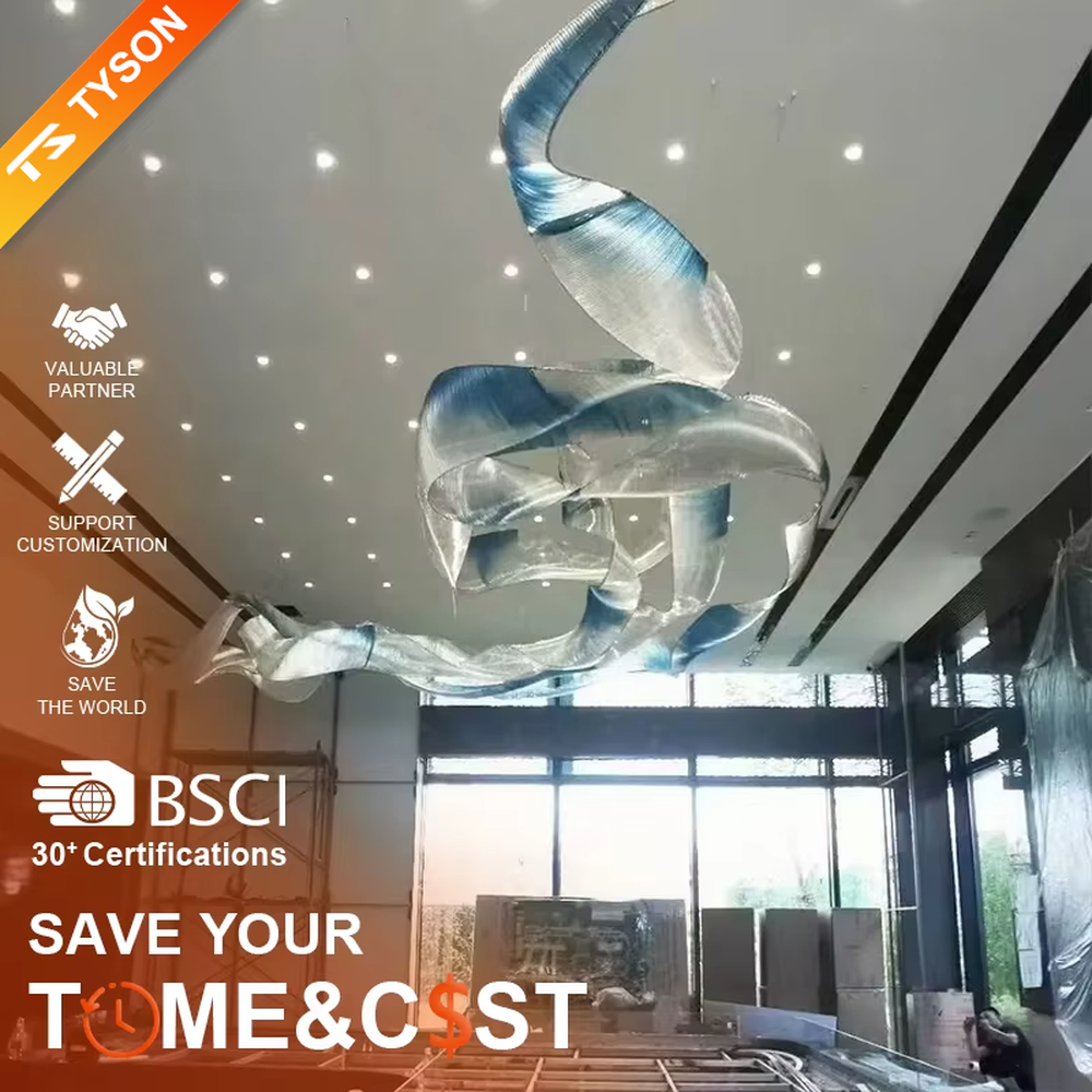 This is an artistic streamline chandelier with a flowing ribbon shape in blue and white gradient, featuring great dynamism and artistry. It is used for space lighting and artistic decoration, significantly enhancing the artistic atmosphere and visual impact of the space. It is suitable for high-end hotel lobbies, art galleries, atriums of large commercial spaces and other places.