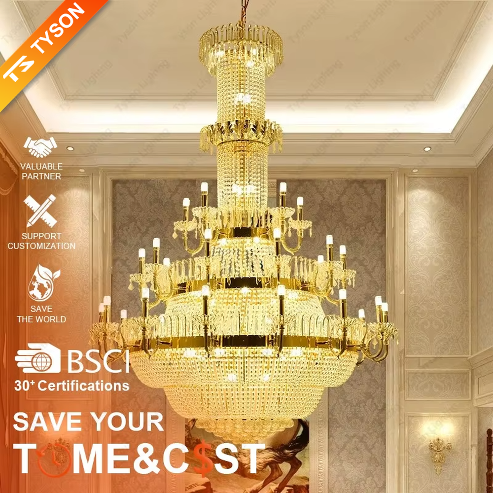 This is a European luxury golden crystal chandelier, with a golden metal frame, multi-layer transparent crystal pendants, and multi-arm design, featuring brilliant lighting, strong luxury sense and visual impact. It is used for space lighting and decoration, creating a high-end luxury atmosphere. It is suitable for luxury villa living rooms, high-end hotel lobbies, banquet halls and other places.