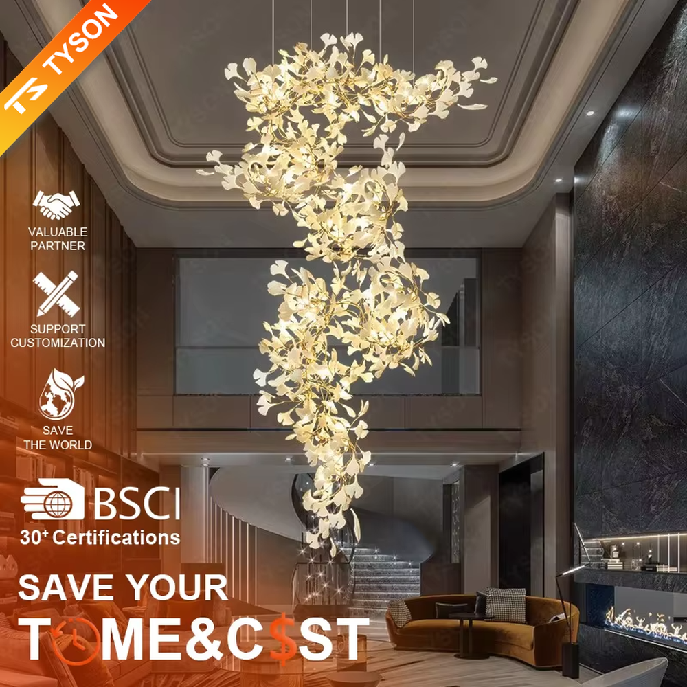This is an artistic natural-style spiral ginkgo leaf decorative chandelier, with a golden spiral frame paired with white and golden ginkgo leaf-shaped decorations. The design combines artistic sense and natural charm, being luxurious and exquisite, with soft and elegant lighting. It is used for space lighting and artistic decoration, creating an artistic and natural luxurious atmosphere. Suitable for high-ceiling stairwells of high-end hotels, luxury villa living rooms, art exhibition halls and other places.