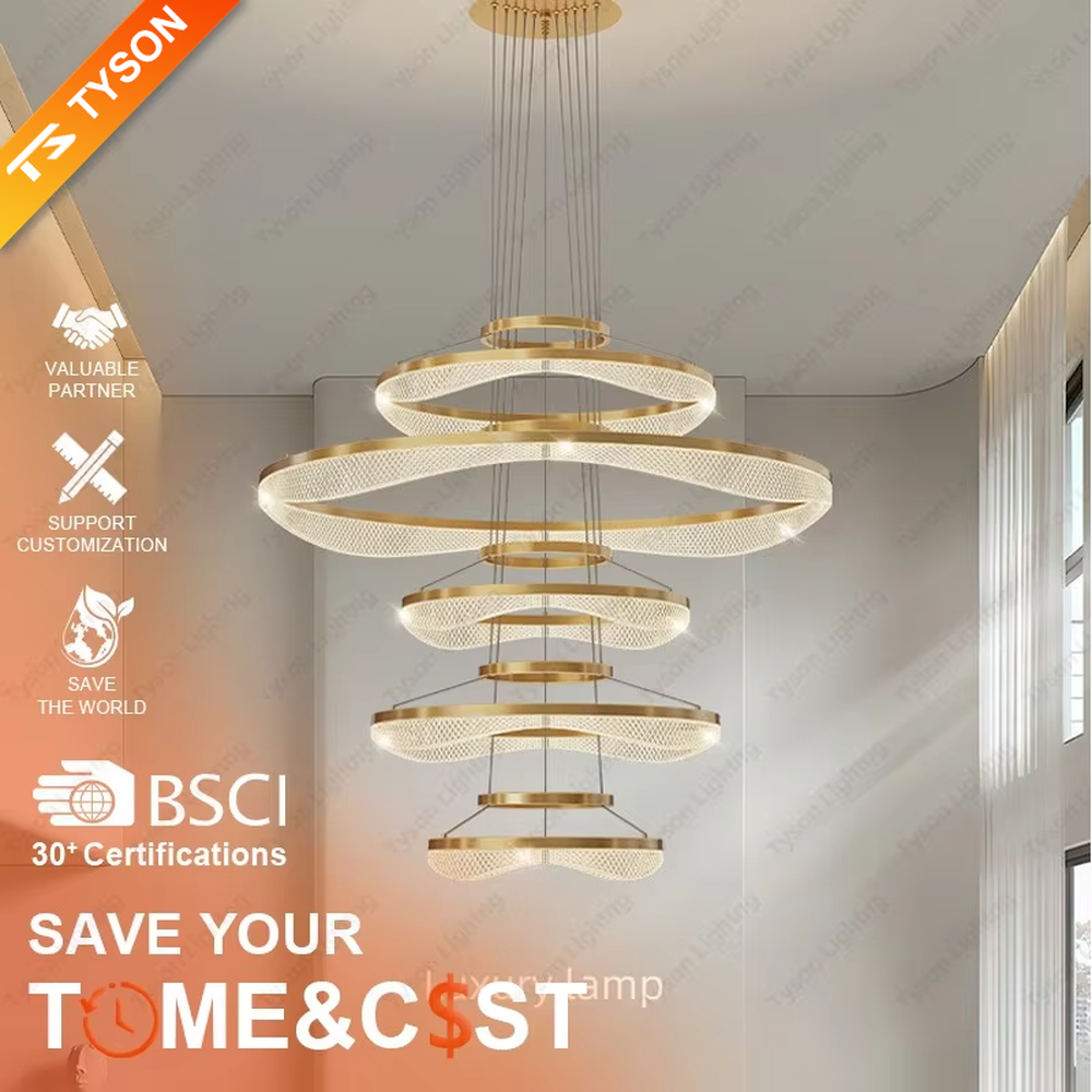 This is a modern luxury multi-layer circular chandelier, with golden metal circular frames hanging in a scattered manner, featuring artistic layers and strong luxury sense. It is used for space lighting and decoration, creating a high-end artistic atmosphere. It is suitable for high-ceilinged living rooms, high-end hotel lobbies, modern art exhibition halls and other places.