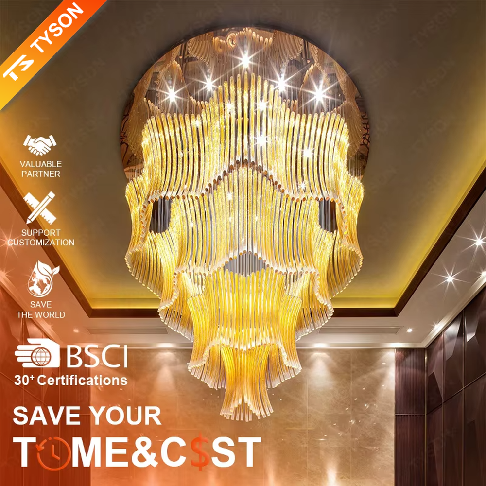 This is a luxurious artistic multi-layer yellow glass tube chandelier, composed of numerous yellow glass tubes arranged in layers to form a flowing three-dimensional shape. It features brilliant and layered lighting, with a strong sense of artistic tension and luxury. It is used for space lighting and artistic decoration, creating a luxurious artistic and grand atmosphere. Suitable for high-end hotel lobbies, luxury banquet halls, art clubs and other places.