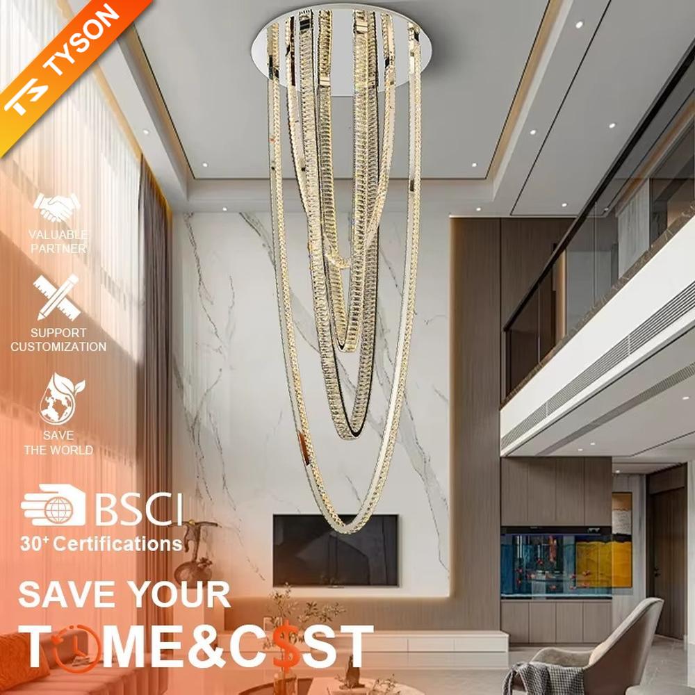 This is a modern artistic chain chandelier with a multi-layered golden chain design, unique and layered, showing a luxurious artistic sense. It is used for space lighting and decoration, enhancing the luxurious artistic atmosphere of the space. It is suitable for high-ceiling villa living rooms, high-end hotel lobbies, art spaces and other places.