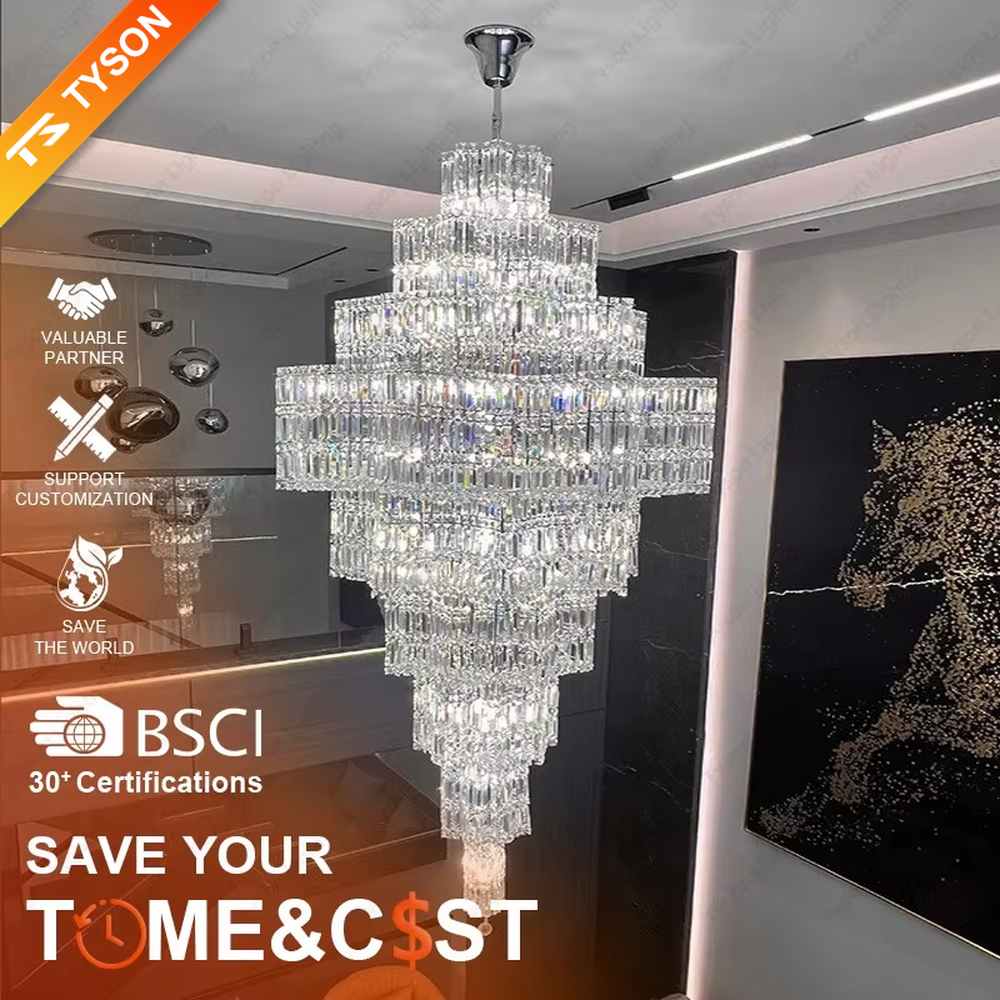 This is a luxury multi-layer pagoda-shaped crystal chandelier, with transparent crystal components in a multi-layer pagoda shape, brilliant lighting, featuring a magnificent and luxurious design with strong visual impact. It is used for space lighting and decoration, creating a high-end luxury atmosphere. It is suitable for high-end hotel lobbies, luxury villa high-ceilinged living rooms, large commercial exhibition halls and other places.