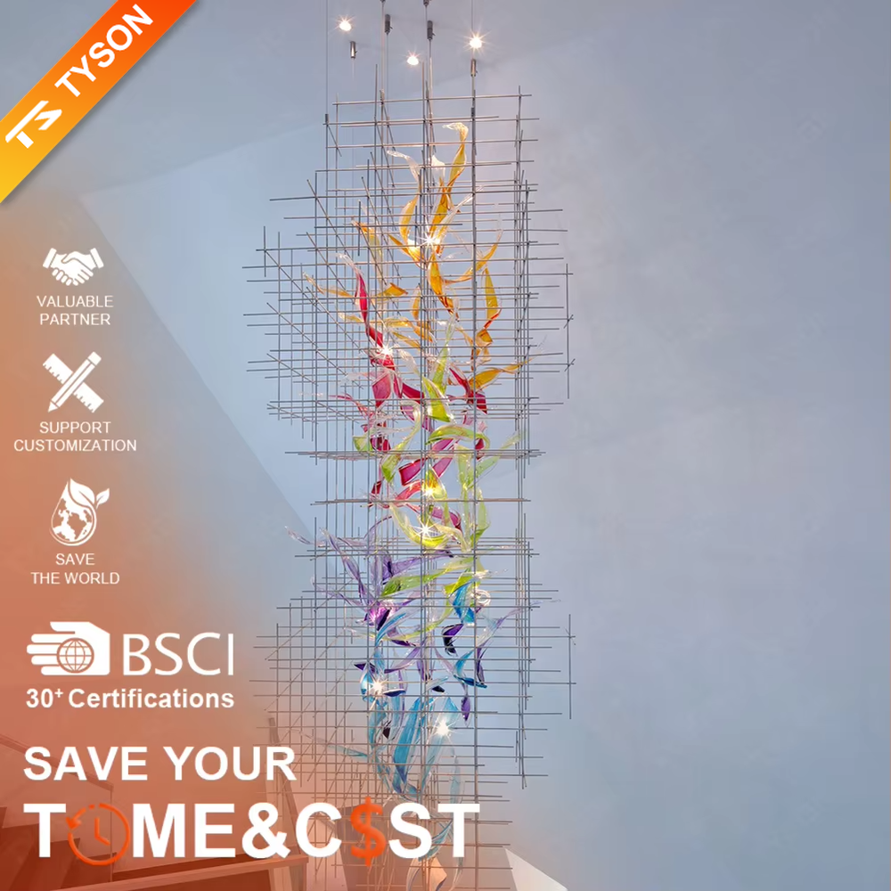 This is a modern artistic metal grid blue transparent decorative chandelier, with a metal grid as the frame, paired with flowing blue transparent shape decorations, and lights dotted in it, creating a dynamic artistic space atmosphere.