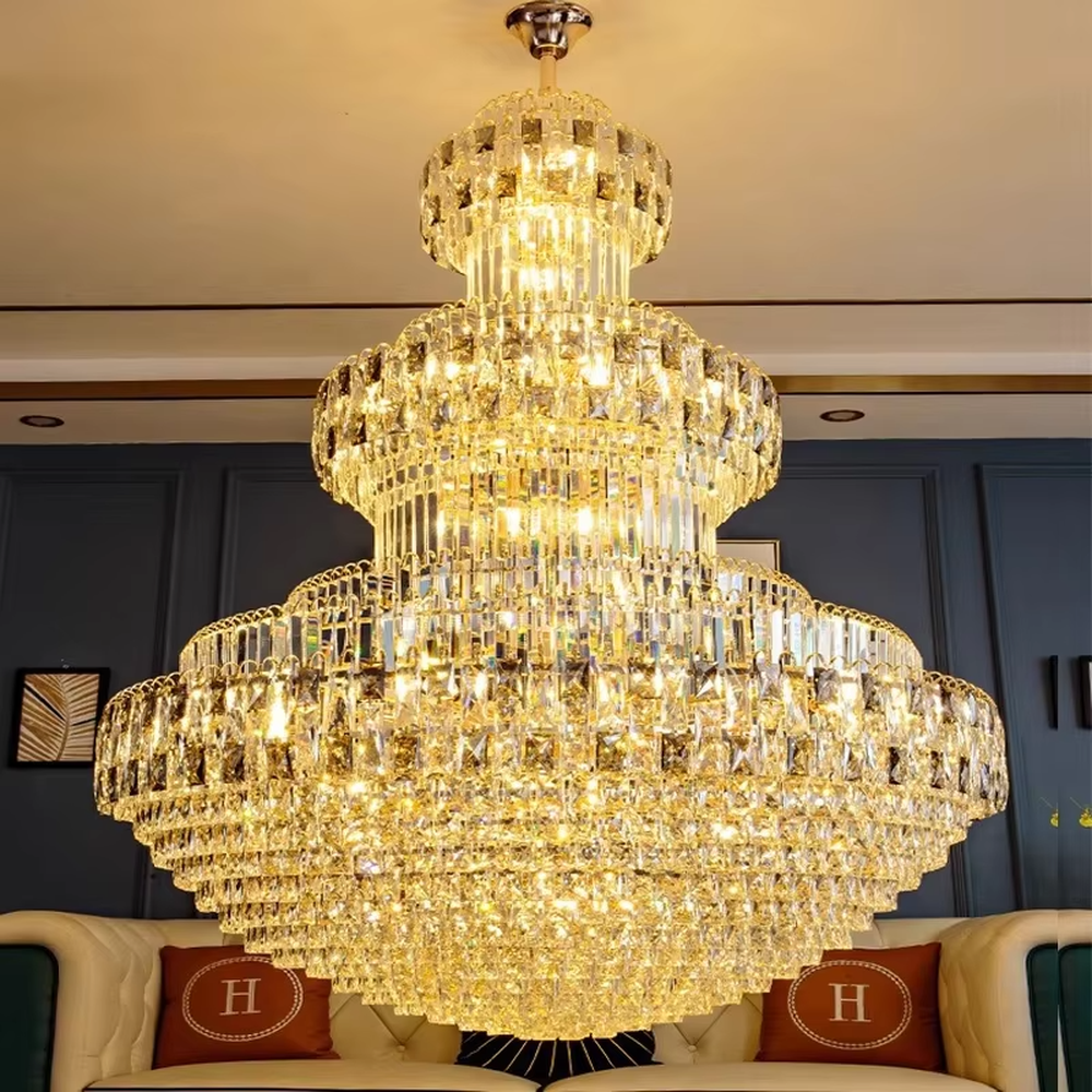 Luxurious multi-layer crystal tower chandelier, golden metal frame paired with transparent crystals, layered increasing shape, brilliant and gorgeous lighting, creating a high-end luxurious space atmosphere.