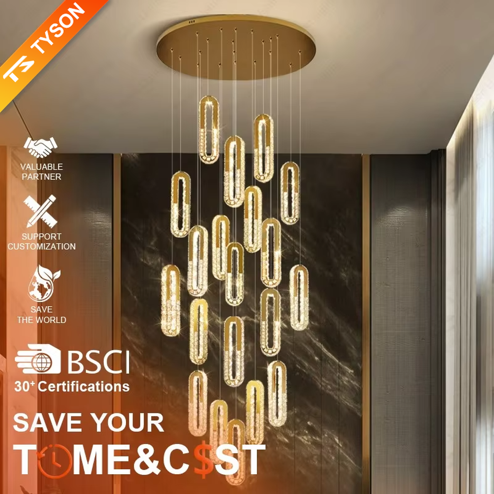 This is a modern luxury multi-layer oval crystal chandelier, with golden borders and transparent crystals hanging in a scattered manner, featuring artistic layers and strong luxury sense. It is used for space lighting and decoration, creating a high-end luxury atmosphere. It is suitable for duplex stairwells, high-ceilinged living rooms, high-end hotel lobbies and other places.