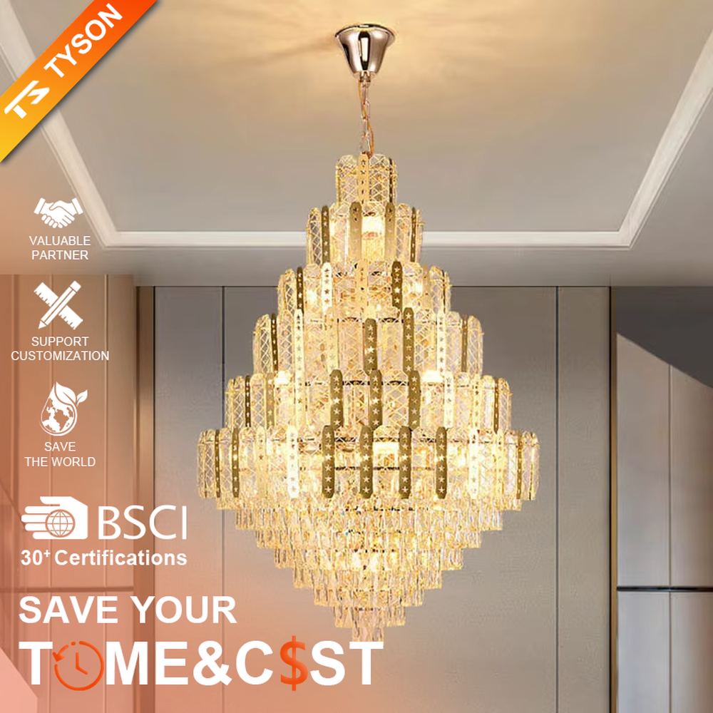 This is a luxurious multi-layer crystal frame chandelier, with a golden metal frame paired with transparent crystals in a layered tower shape. When lit, the light is brilliant and gorgeous, creating a high-end luxurious atmosphere.