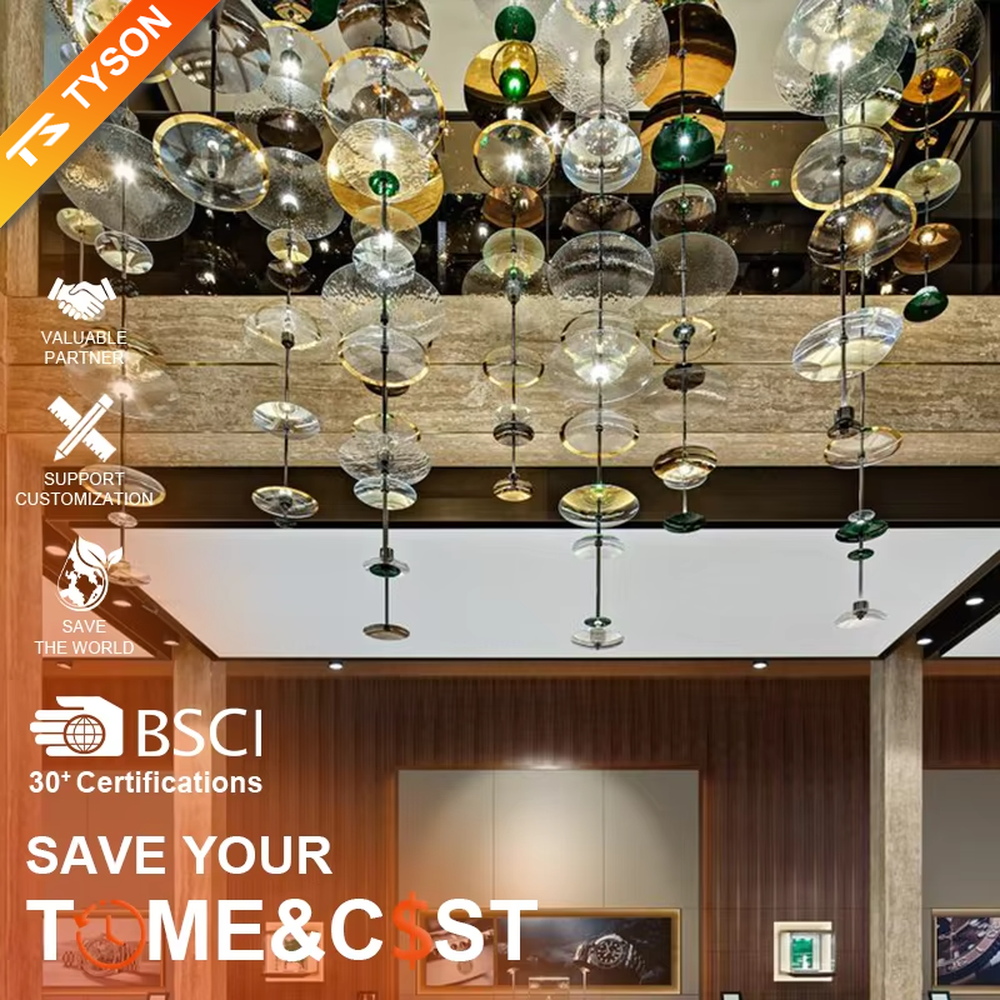 This is an artistic multi-layer glass disc chandelier, composed of multi-colored glass discs (gold, green, transparent, etc.) hung in multiple layers, featuring a strong artistic sense and visual hierarchy. It is used for space lighting and artistic decoration, creating a luxurious artistic atmosphere. It is suitable for high-end commercial exhibition halls, art spaces, luxury hotel lobbies and other places.