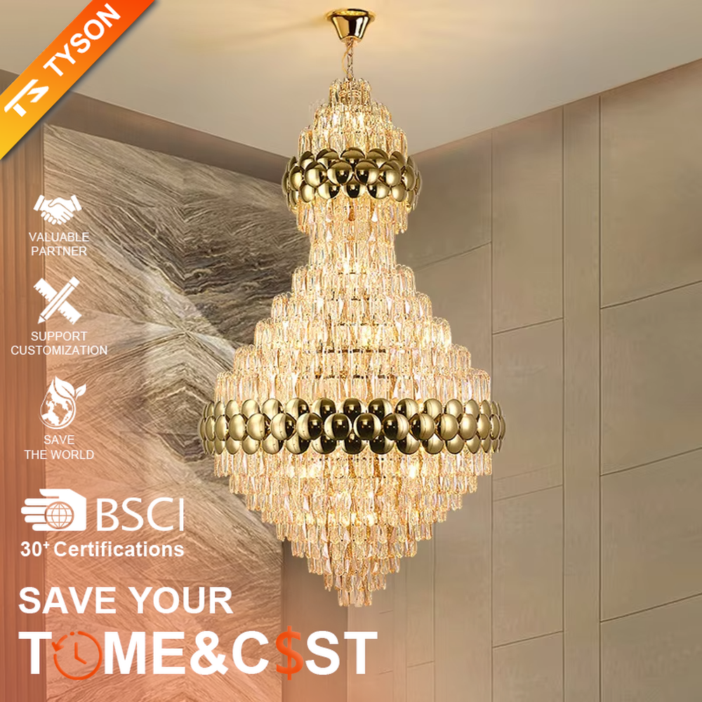 This is a luxurious double-layer crystal golden ball chandelier, featuring a golden metal frame paired with transparent crystals and golden spherical decorations, with a double-layer hierarchical design. It has a magnificent and grand style, with brilliant and soft lighting, creating a high-end luxurious atmosphere.