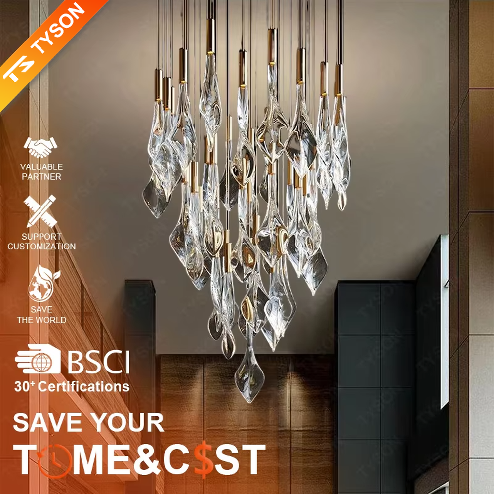 This is an artistic modern-style transparent glass water-drop chandelier, with numerous irregular transparent glass water-drop shapes, paired with golden metal details, hanging in a scattered manner by thin wires. It features a strong sense of art and visual hierarchy, with soft light refraction. It is used for space lighting and artistic decoration, creating a modern artistic and ethereal atmosphere. Suitable for high-end hotel lobbies, art exhibition halls, high-ceiling spaces in luxury villas and other places.