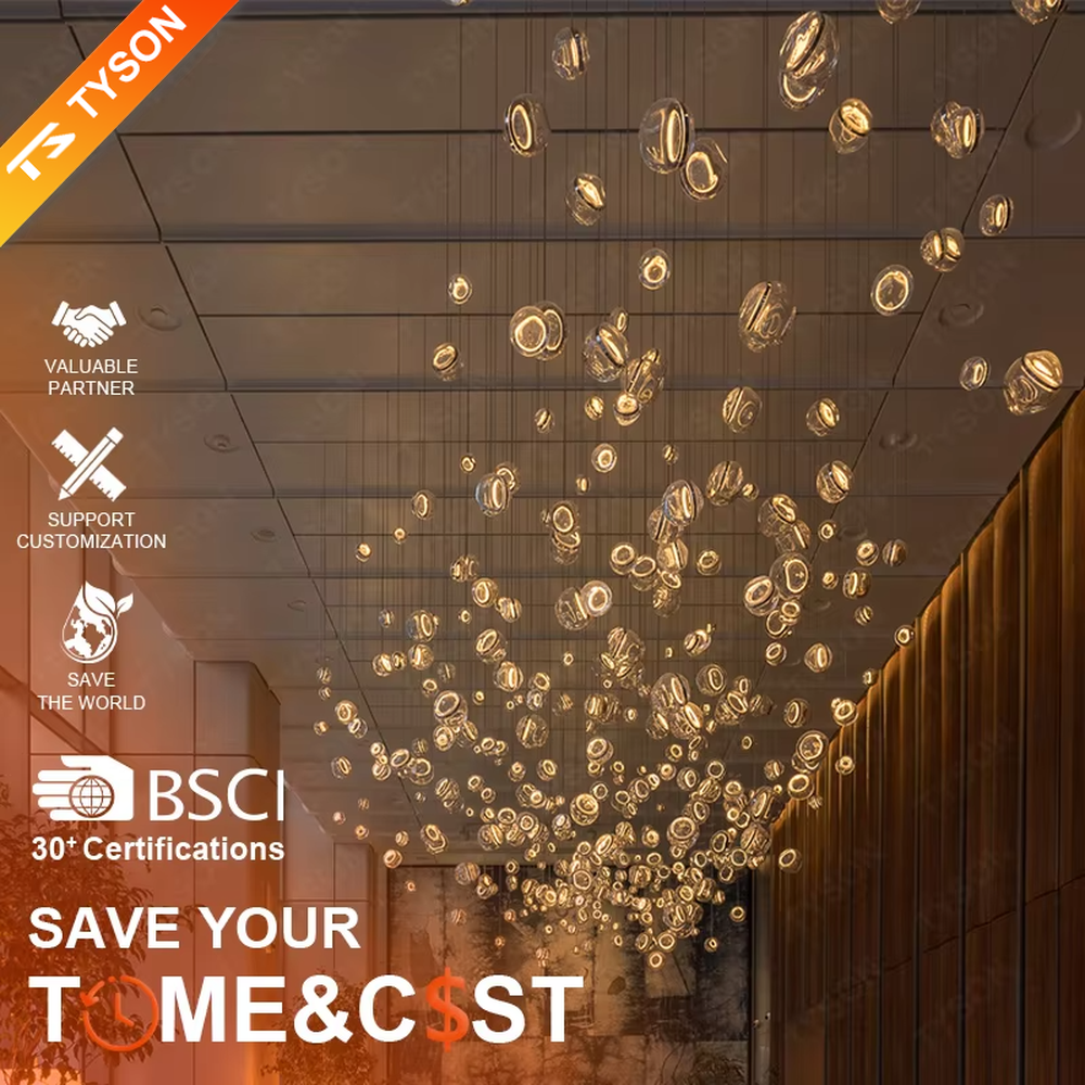 This is an artistic installation-style transparent glass ball chandelier, with numerous transparent glass balls of different sizes and shapes hanging in a scattered manner by thin wires. It features soft lighting and a strong sense of modern art and visual hierarchy. It is used for space lighting and artistic decoration, creating a modern artistic and ethereal atmosphere. Suitable for high-end hotel lobbies, art exhibition halls, atriums of large commercial centers and other places.