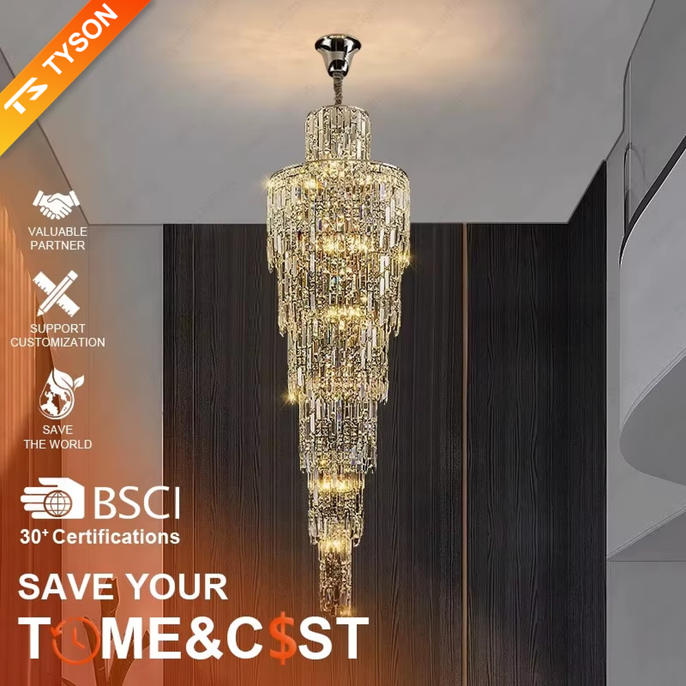 This is a luxury conical multi-layer crystal chandelier, with transparent crystal components hanging in a conical multi-layer shape, brilliant lighting, featuring extremely luxurious sense and visual impact. It is used for space lighting and decoration, creating a high-end luxury atmosphere. It is suitable for duplex stairwells, high-ceilinged living rooms, high-end hotel lobbies and other places.