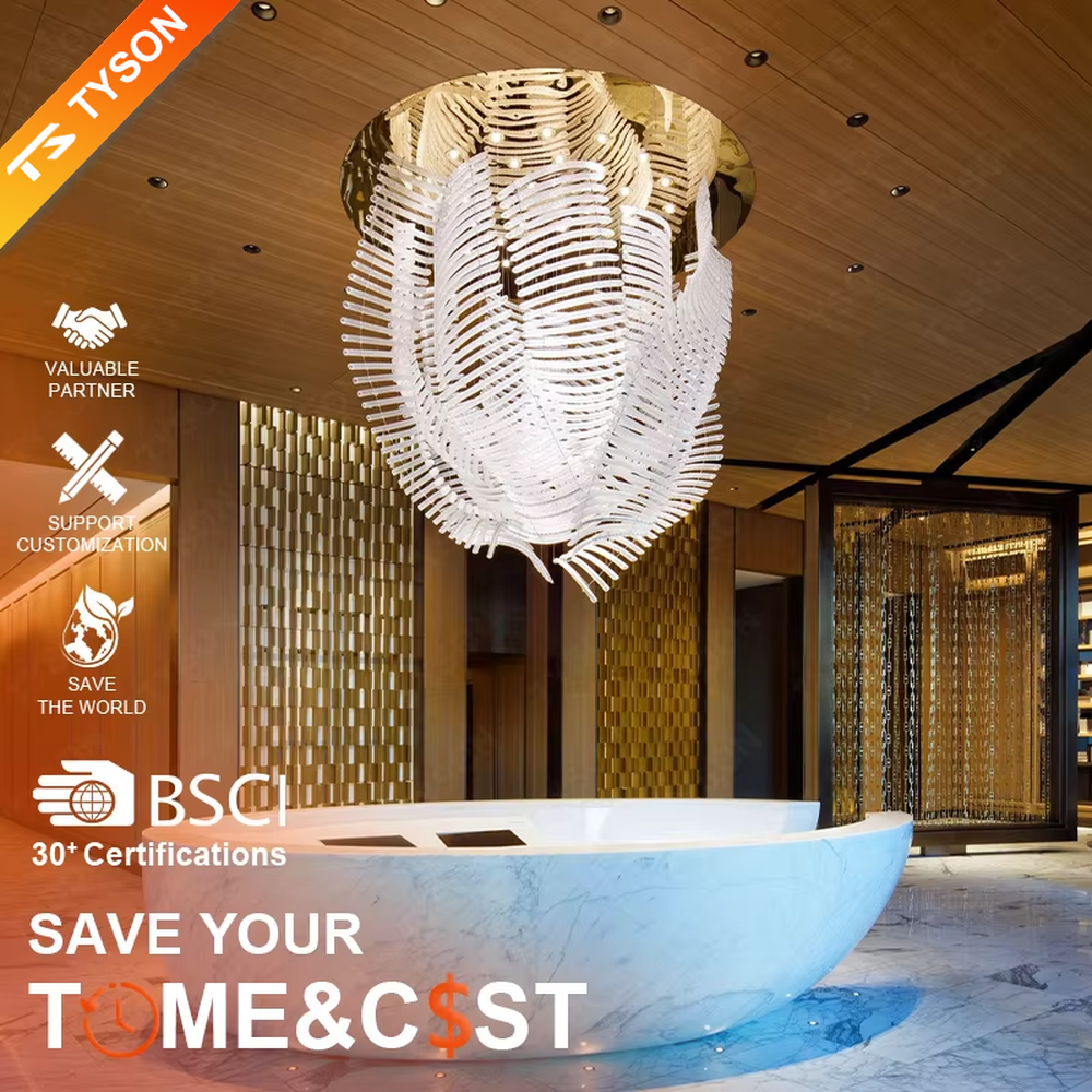 This is an artistic installation-style white leaf-shaped chandelier, with numerous white leaf-shaped elements (similar to feathers or fern leaves) hanging in a scattered manner by thin wires to form a three-dimensional layer. It features soft lighting and a strong sense of modern art and spatial tension. It is used for space lighting and artistic decoration, creating a modern artistic and ethereal atmosphere. Suitable for high-end hotel lobbies, art exhibition halls, high-ceiling spaces in luxury villas and other places.