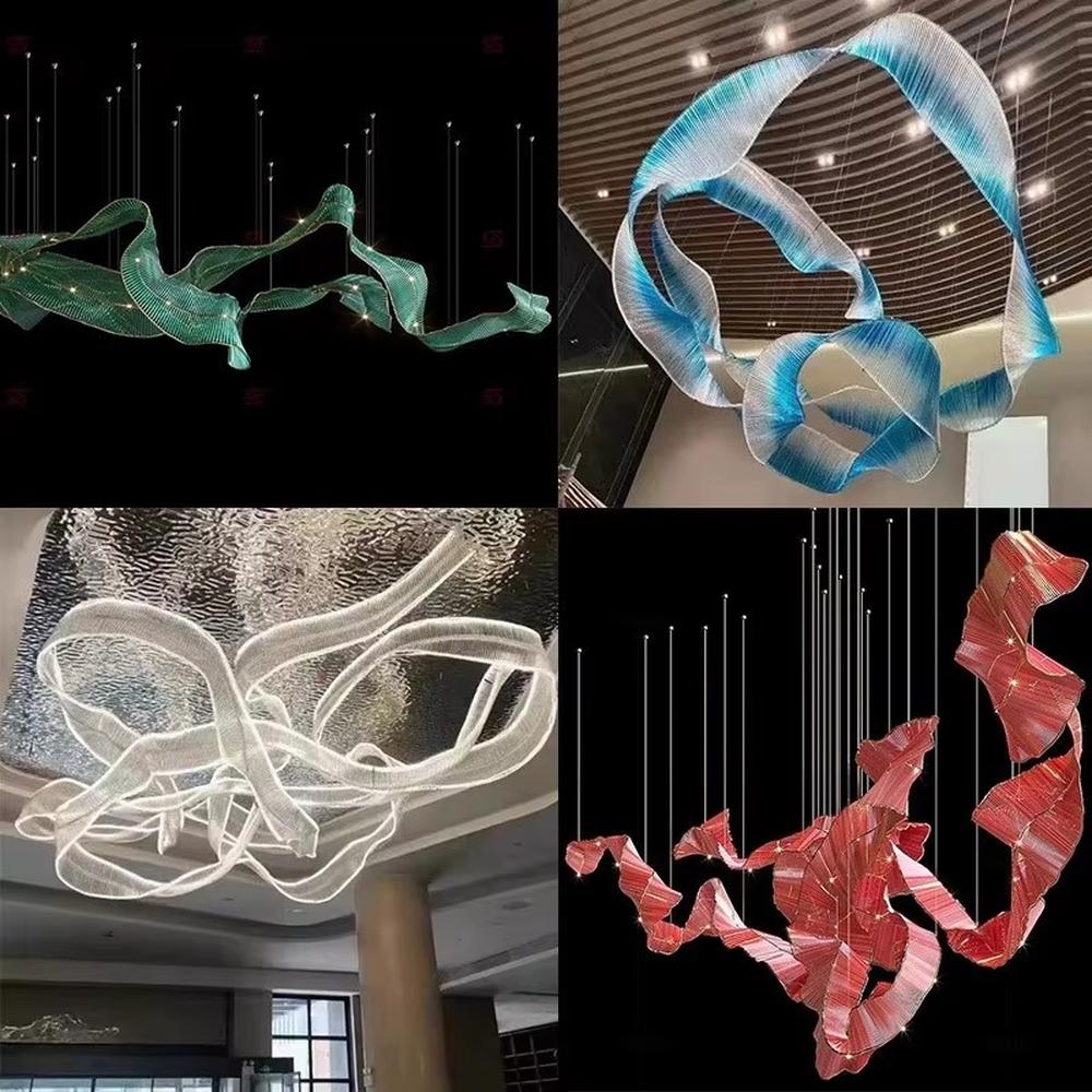 This is an artistic streamline chandelier with a flowing ribbon shape in blue and white gradient, featuring great dynamism and artistry. It is used for space lighting and artistic decoration, significantly enhancing the artistic atmosphere and visual impact of the space. It is suitable for high-end hotel lobbies, art galleries, atriums of large commercial spaces and other places.