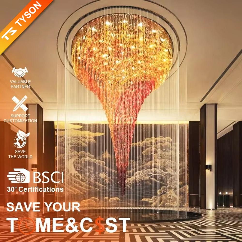 This is a luxurious gradient crystal waterfall-style large chandelier, composed of crystal strings gradient from gold to red in an inverted funnel shape, with a shocking and artistic design. It is used for space lighting and artistic decoration, creating a luxurious and shocking visual atmosphere. It is suitable for high-end hotel lobbies, luxury clubs, atriums of large commercial complexes and other places.