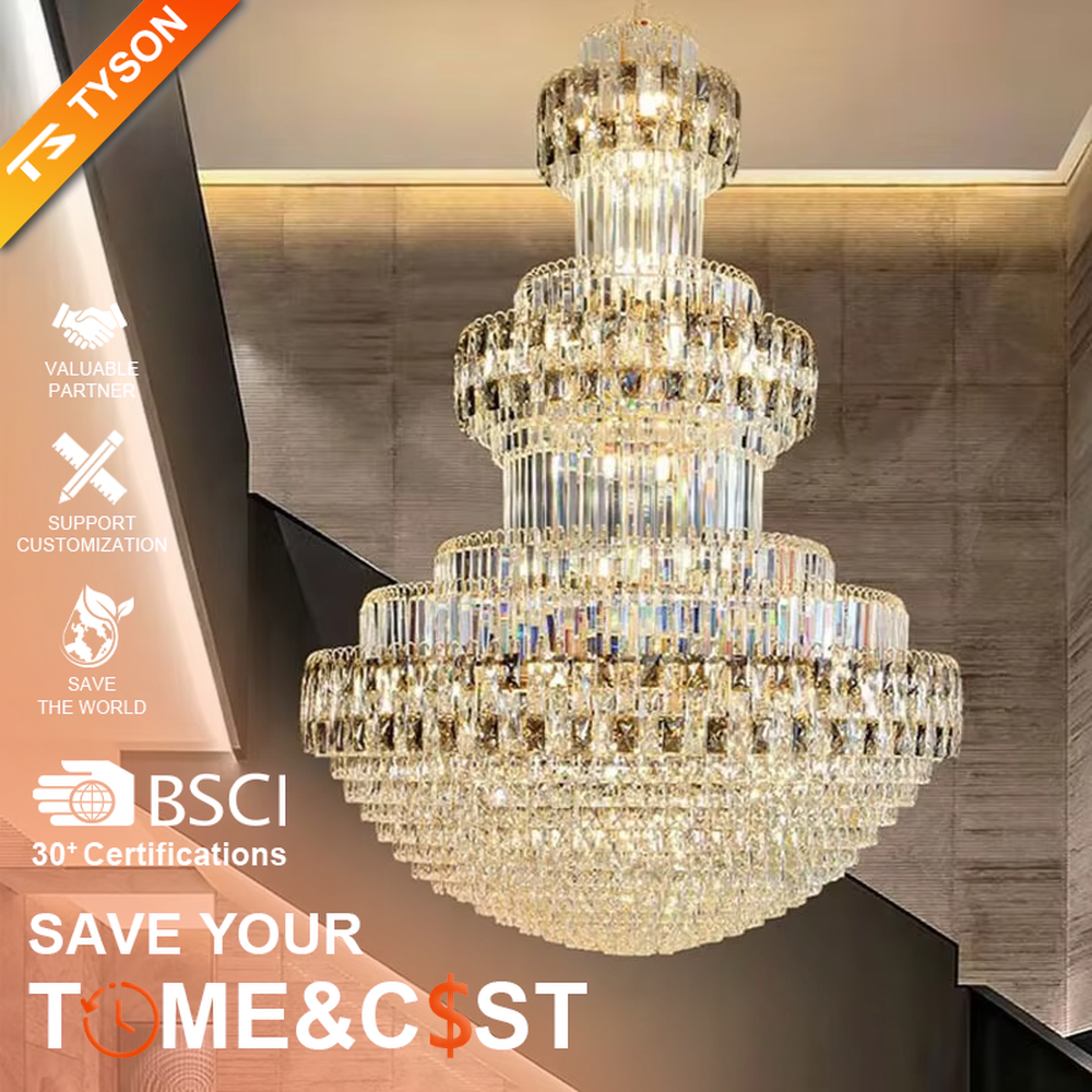 Luxurious multi-layer crystal tower chandelier, golden metal frame paired with transparent crystals, layered increasing shape, brilliant and gorgeous lighting, creating a high-end luxurious space atmosphere.