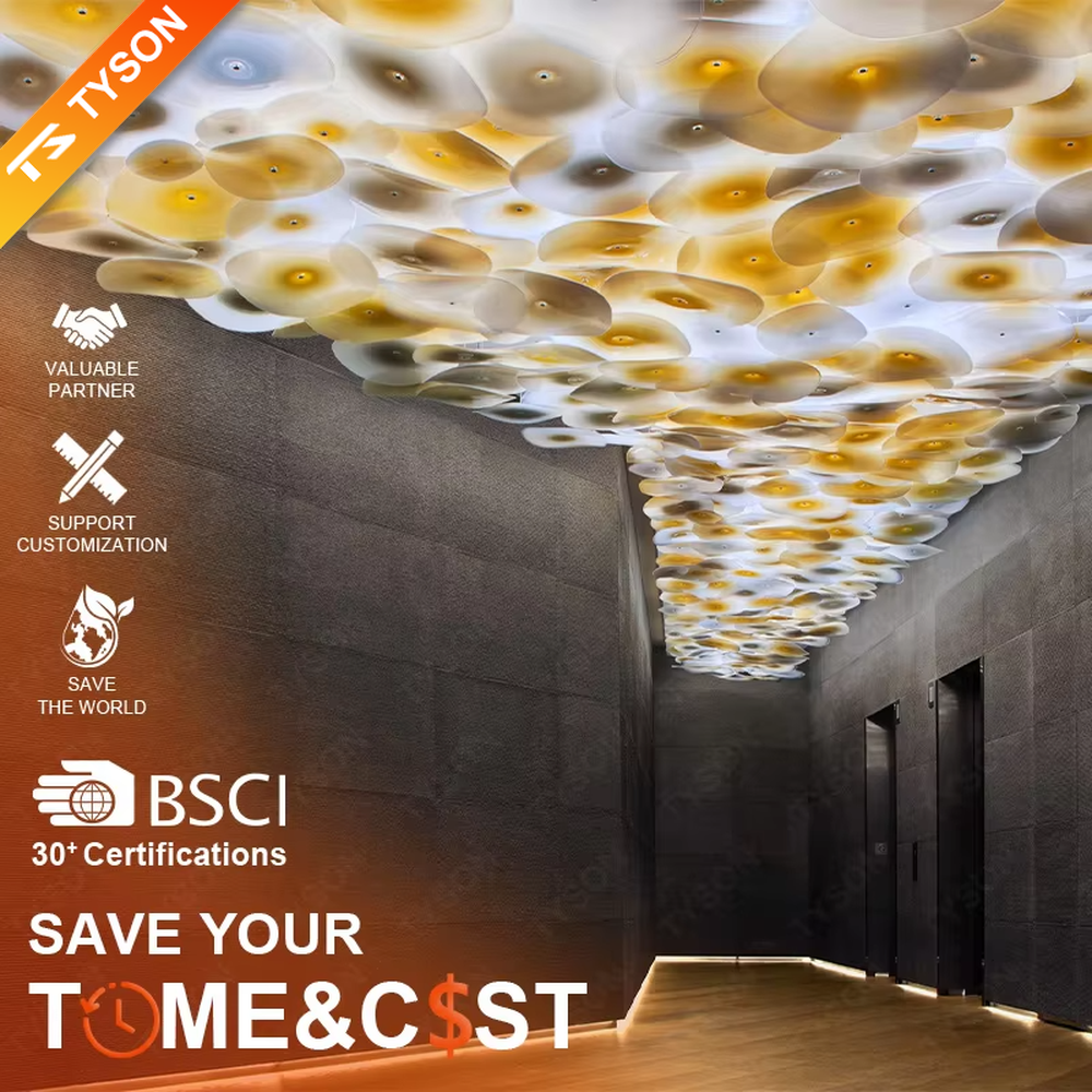 This is a modern artistic multi-layer disc glass art chandelier, composed of numerous gradient gold and white disc glass elements hanging in layers to form a three-dimensional ceiling decorative shape. It features soft and artistically layered lighting, with a strong sense of modern art and spatial decorativeness. It is used for space lighting and artistic installation decoration, creating a modern artistic and high-end elegant atmosphere. Suitable for high-end hotel lobby corridors, art exhibition halls, luxury commercial spaces and other places.