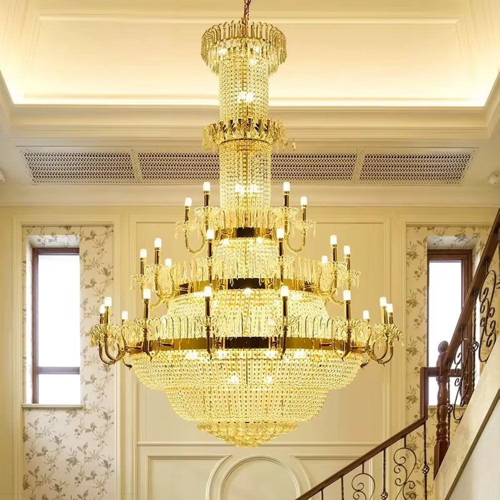 This is a European luxury golden crystal chandelier, with a golden metal frame, multi-layer transparent crystal pendants, and multi-arm design, featuring brilliant lighting, strong luxury sense and visual impact. It is used for space lighting and decoration, creating a high-end luxury atmosphere. It is suitable for luxury villa living rooms, high-end hotel lobbies, banquet halls and other places.
