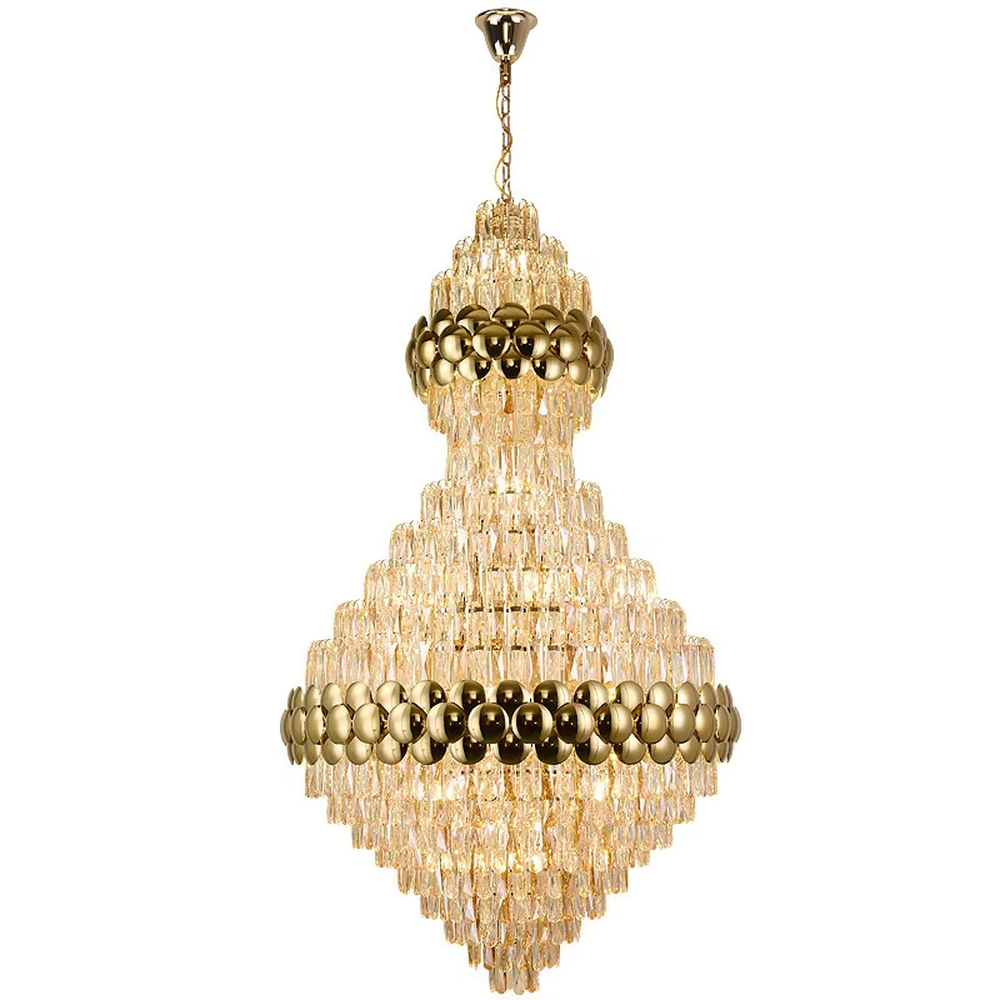 This is a luxurious double-layer crystal golden ball chandelier, featuring a golden metal frame paired with transparent crystals and golden spherical decorations, with a double-layer hierarchical design. It has a magnificent and grand style, with brilliant and soft lighting, creating a high-end luxurious atmosphere.
