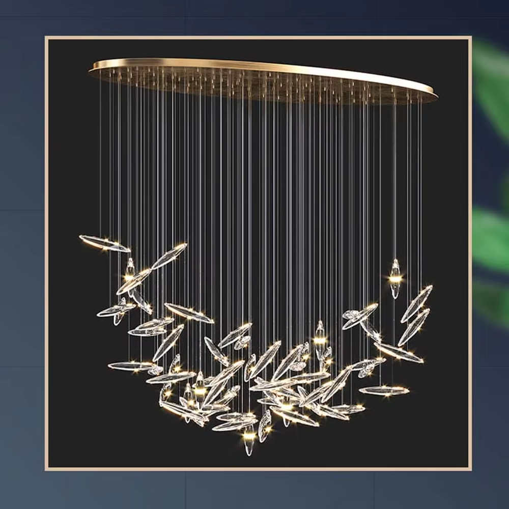 This is a modern artistic fish school-shaped hanging chandelier, featuring multiple silver fish-shaped decorations (crystal/metal texture) suspended by thin wires. The design is dynamic, modern and full of artistic tension, with brilliant and exquisite lighting. It is used for space lighting and artistic decoration, creating a high-end modern artistic atmosphere. Suitable for high-ceiling areas of high-end hotels, luxury commercial clubs, modern art villas and other places.