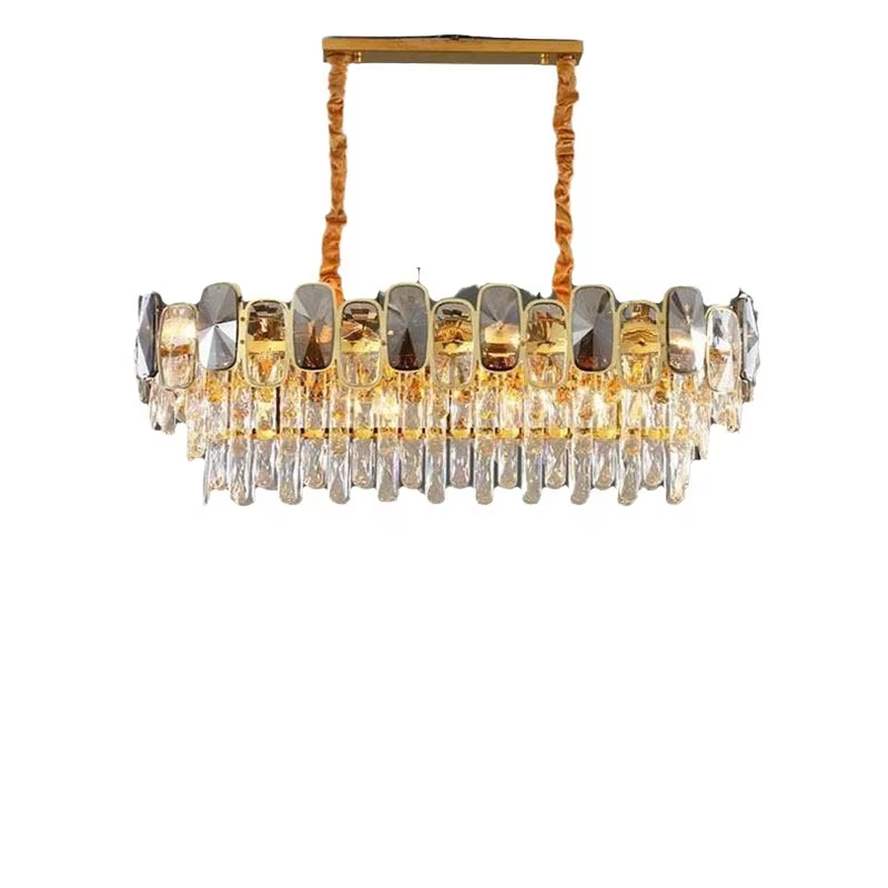 This is a luxurious multi-layer crystal tower chandelier, with a golden metal frame paired with transparent + gradient crystals (decorated with dark crystals), a layered tower shape. When lit, the light is brilliant and gorgeous, creating a high-end luxurious atmosphere.