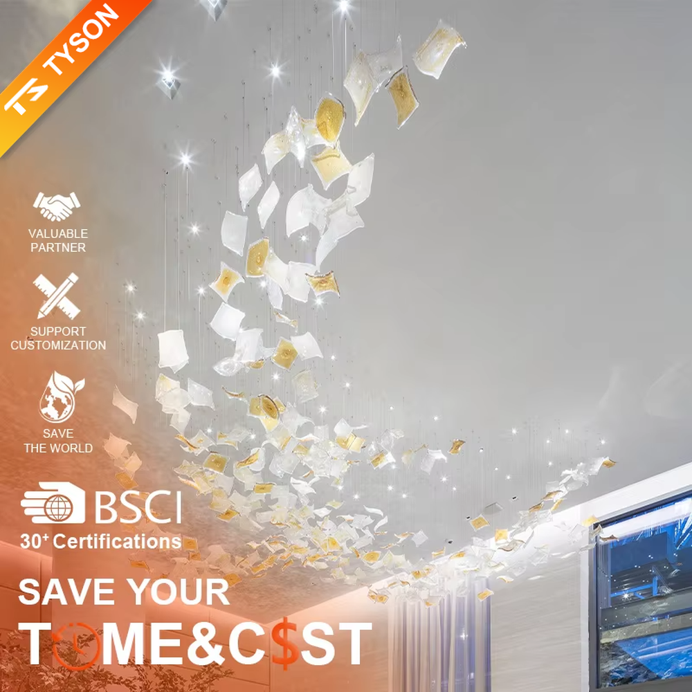 This is an artistic installation-style glass piece chandelier, with numerous transparent and golden glass pieces hanging in a scattered manner, featuring strong artistic sense, and the light reflects a brilliant visual effect. It is used for space lighting and artistic decoration, creating a luxurious artistic atmosphere. Suitable for high-end hotel lobbies, art exhibition halls, luxury shopping mall atriums and other places.