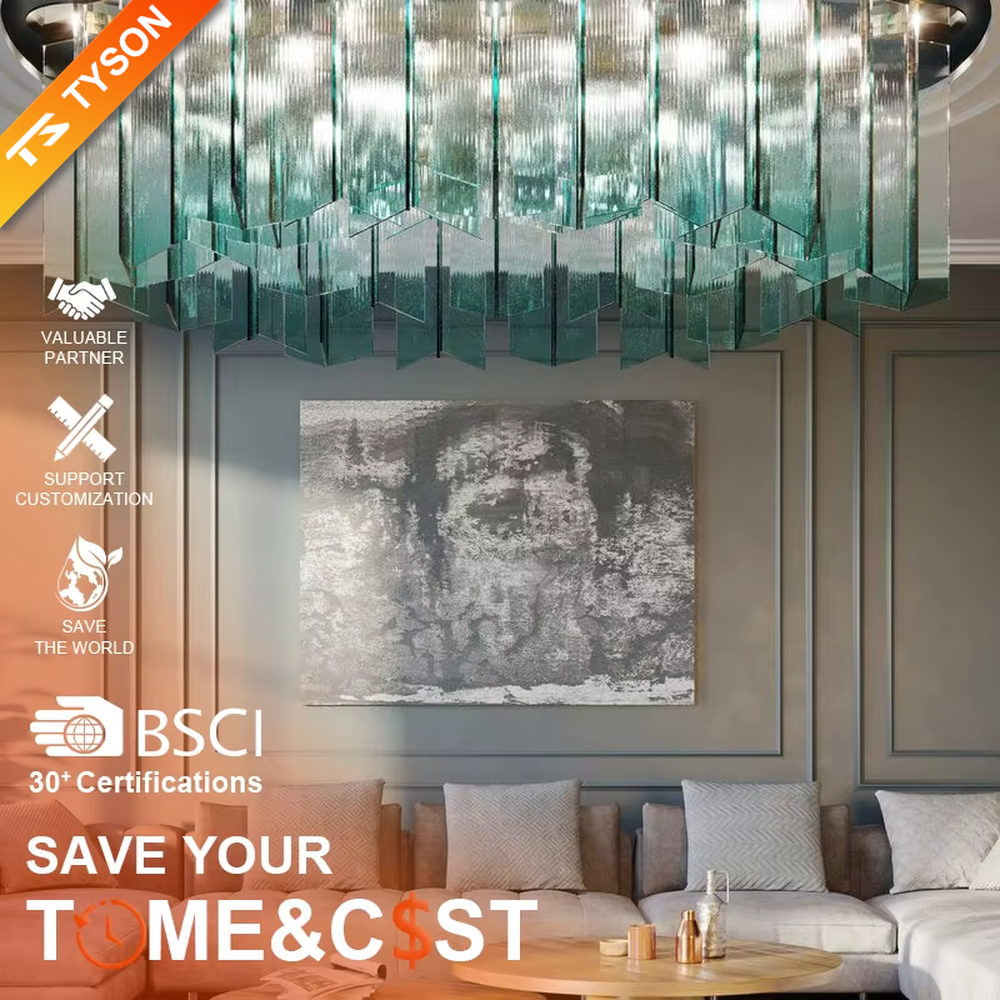 This is a modern artistic gradient crystal chandelier with layered blue-green gradient crystal strips, featuring strong visual impact and modern sense. It is used for space lighting and decoration, creating a high-end luxurious atmosphere. It is suitable for high-end hotel lobbies, commercial exhibition halls, luxury clubs and other places.