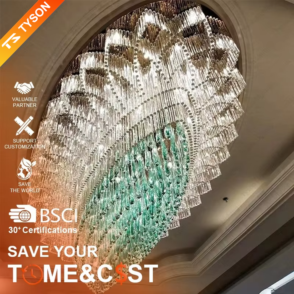 This is an artistic turquoise glass chandelier, with multi-layer turquoise glass components in an irregular hanging shape, transparent and brilliant texture, featuring extremely artistic and luxurious design. It is used for space lighting and decoration, creating a high-end artistic luxury atmosphere. It is suitable for high-end hotel lobbies, luxury banquet halls, art exhibition halls and other places.