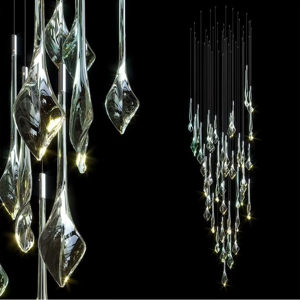 This is an artistic modern-style transparent glass water-drop chandelier, with numerous irregular transparent glass water-drop shapes, paired with golden metal details, hanging in a scattered manner by thin wires. It features a strong sense of art and visual hierarchy, with soft light refraction. It is used for space lighting and artistic decoration, creating a modern artistic and ethereal atmosphere. Suitable for high-end hotel lobbies, art exhibition halls, high-ceiling spaces in luxury villas and other places.