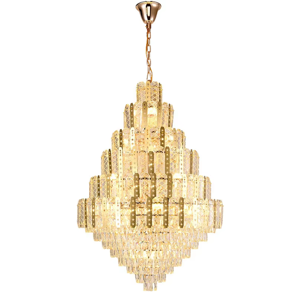 This is a luxurious multi-layer crystal frame chandelier, with a golden metal frame paired with transparent crystals in a layered tower shape. When lit, the light is brilliant and gorgeous, creating a high-end luxurious atmosphere.