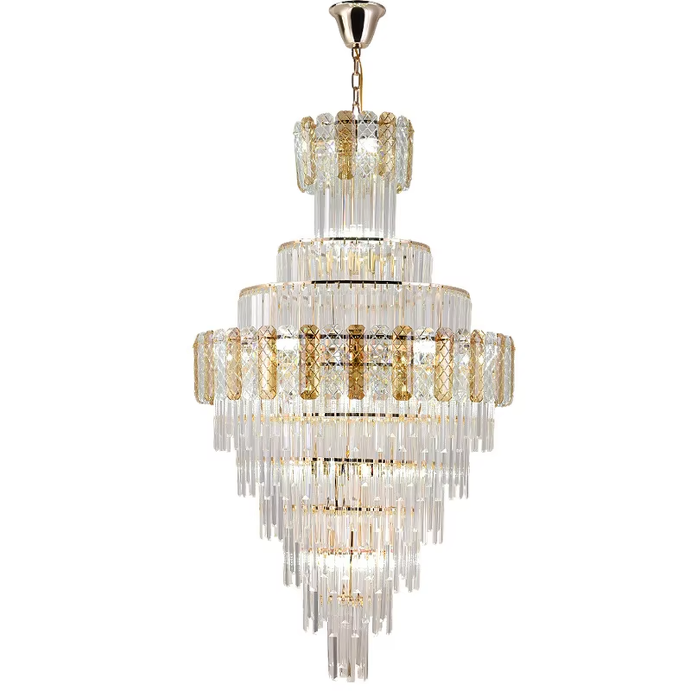 Luxurious multi-layer crystal tower chandelier, golden frame paired with transparent crystals, layered shape with brilliant lighting, creating a high-end luxurious atmosphere.