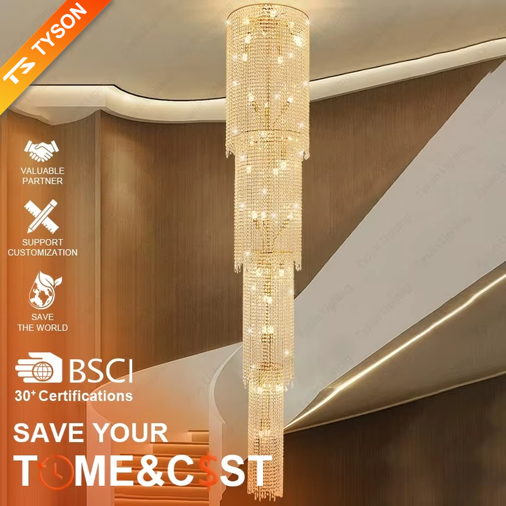 This is a luxury multi-layer cylindrical crystal chandelier, with a golden metal frame and multi-layer transparent crystal pendants, brilliant lighting, featuring a magnificent and grand design with strong visual impact. It is used for space lighting and decoration, creating a high-end luxury atmosphere. It is suitable for duplex stairwells, high-ceilinged living rooms, high-end hotel lobbies and other places.