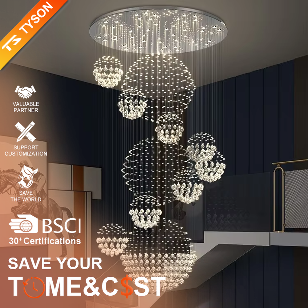 This is a modern luxurious multi-layer spherical crystal chandelier, composed of multiple transparent crystal balls forming spherical structures hung in layers. It features strong artistic sense and spatial decorativeness, with brilliant and grand lighting. It is used for space lighting and artistic decoration, creating a luxurious and high-end atmosphere. Suitable for high-ceiling lobbies of high-end hotels, double-height living rooms in luxury villas, large art exhibition halls and other places.