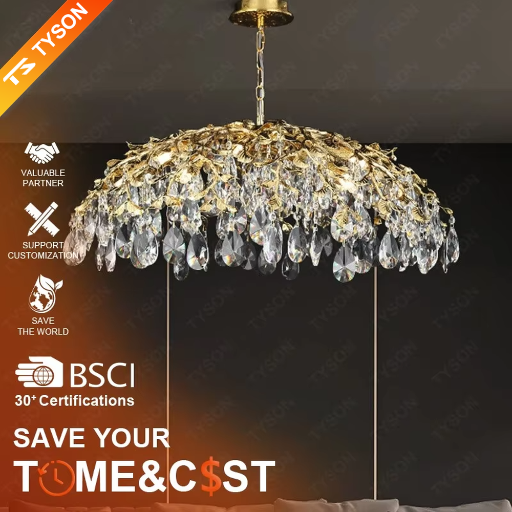 This is a luxurious artistic golden branch crystal chandelier, with a golden metal branch structure and numerous crystal pendants, featuring strong luxury and artistic sense, brilliant lighting. It is used for space lighting and decoration, creating a high-end luxurious atmosphere. Suitable for luxury villa living rooms, high-end hotel banquet halls, European-style restaurants and other places.