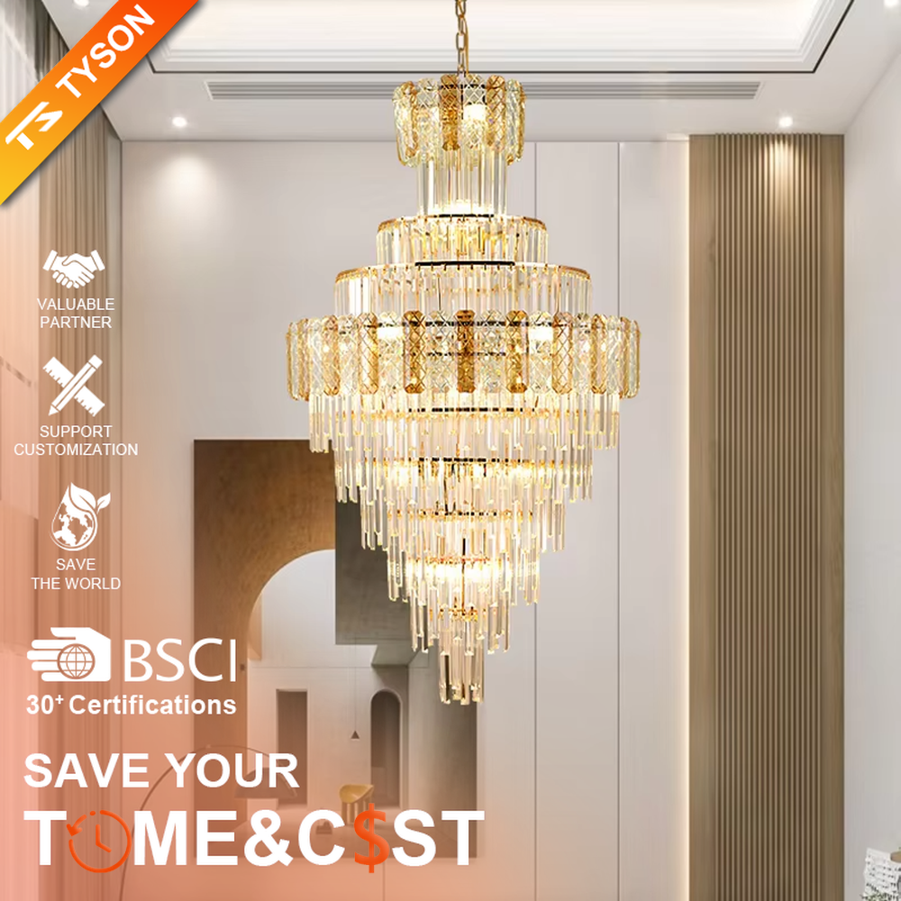 Luxurious multi-layer crystal tower chandelier, golden frame paired with transparent crystals and textured decorative blocks, brilliant and gorgeous lighting, creating a high-end luxurious atmosphere.