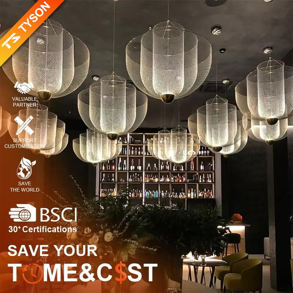 This is a modern artistic metal mesh chandelier, with multi-layer mesh structure, transparent texture and golden base, featuring strong artistic sense and modern style. It is used for space lighting and decoration, creating an artistic and modern atmosphere. It is suitable for modern art home living rooms, designer studios, art exhibition halls and other places.