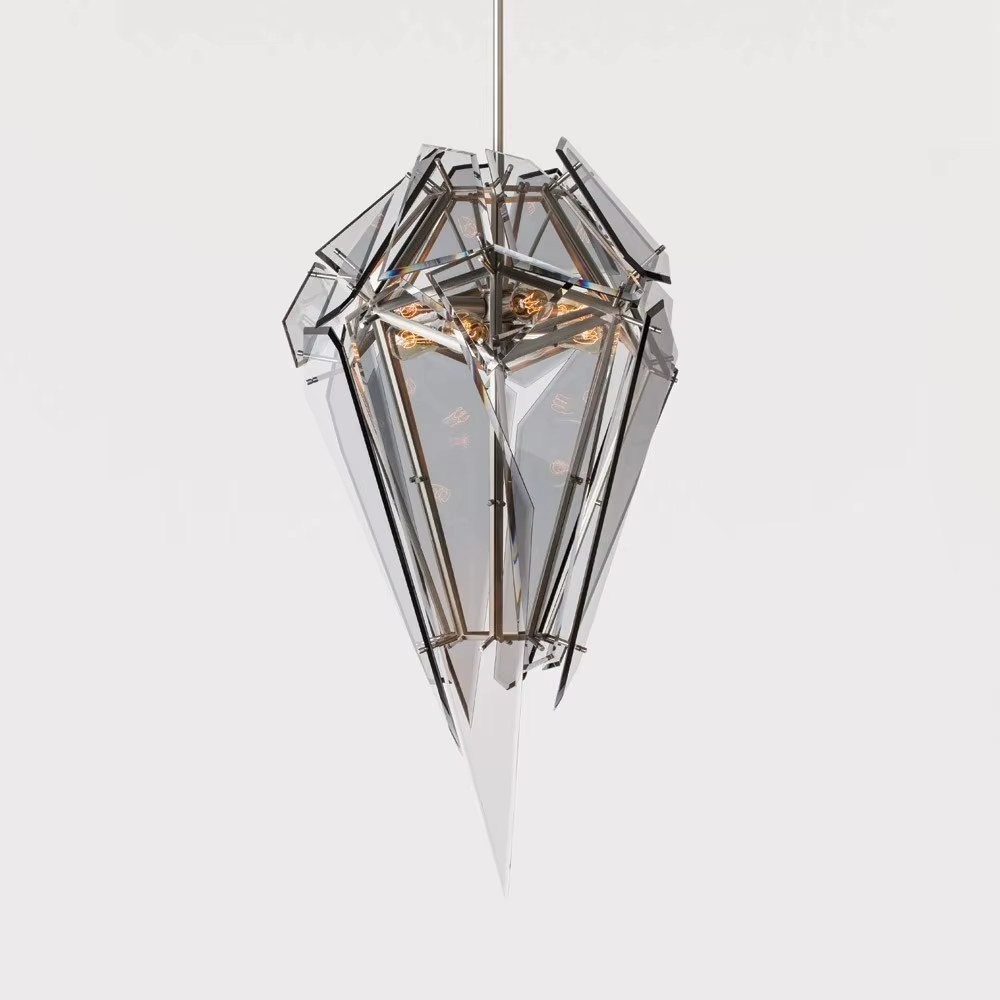 This is a modern luxurious diamond ice crystal-shaped chandelier (including transparent/smoke gray two colors), with a golden metal frame paired with geometric cut transparent/smoke gray material. The shape is like ice crystal diamond, and the lighting is brilliant and high-end, creating a high-end artistic atmosphere.