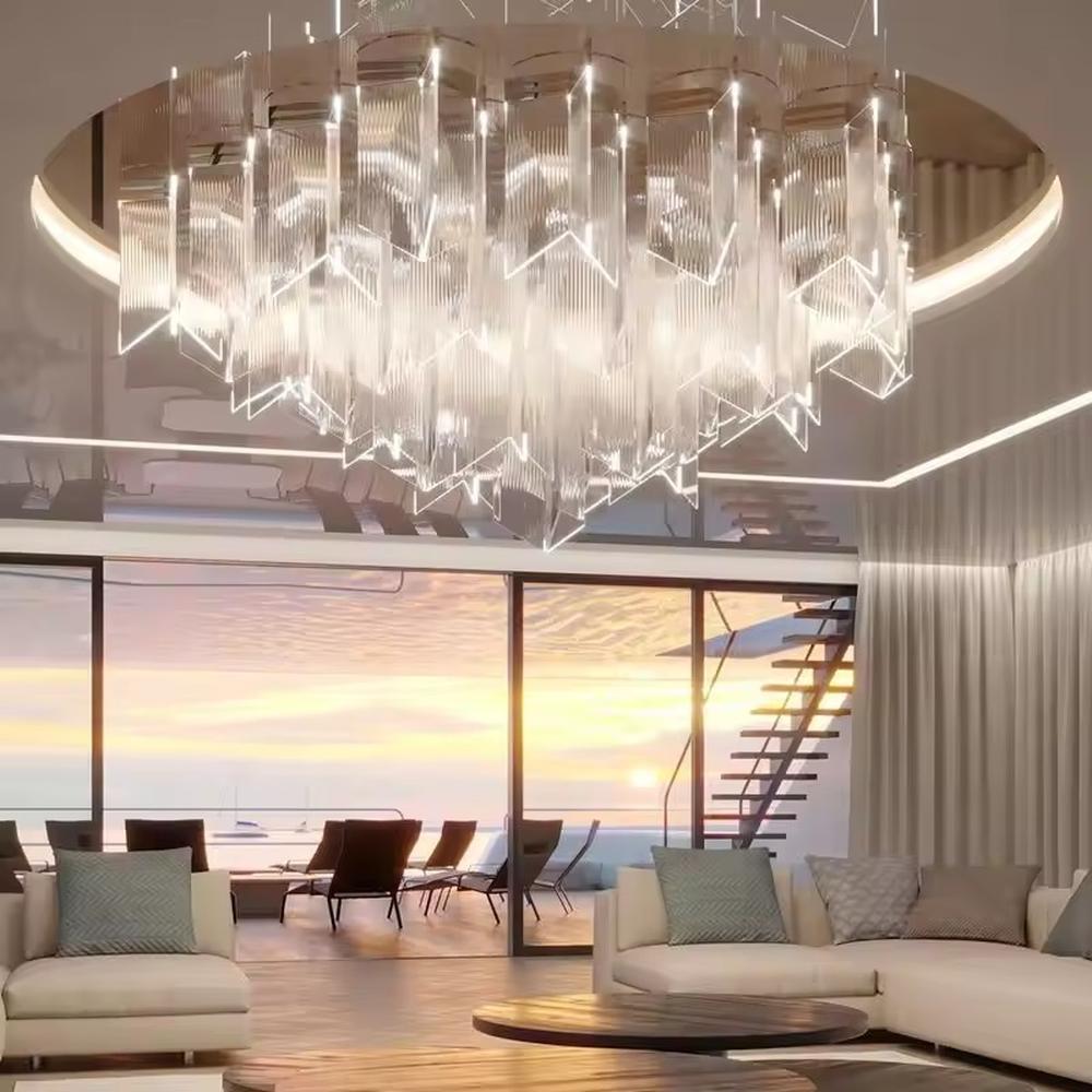 This is a modern artistic gradient crystal chandelier with layered blue-green gradient crystal strips, featuring strong visual impact and modern sense. It is used for space lighting and decoration, creating a high-end luxurious atmosphere. It is suitable for high-end hotel lobbies, commercial exhibition halls, luxury clubs and other places.