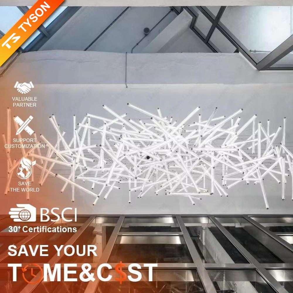 This is a modern artistic branch-shaped chandelier, with multiple white light tubes interwoven into an irregular radial shape, featuring a strong sense of technology and artistic impact. It is used for space lighting and artistic decoration, capable of creating a strong visual focus and modern artistic atmosphere. It is suitable for lobbies of high-end commercial centers, modern art galleries, atriums of luxury hotels and other places.