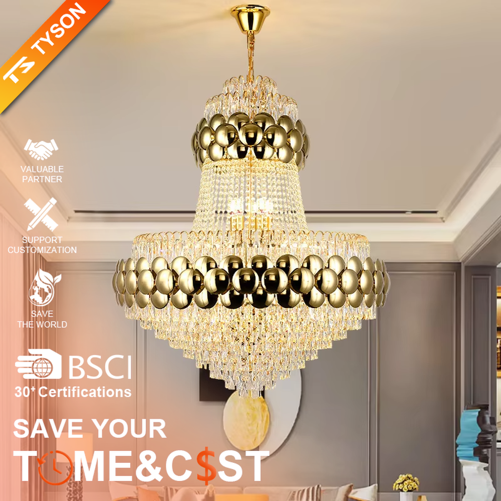 This is a luxurious multi-layer golden ball crystal chandelier, featuring a multi-layer structure combining golden metal balls and crystals. When lit, the light is brilliant and gorgeous, creating a high-end luxurious space atmosphere.