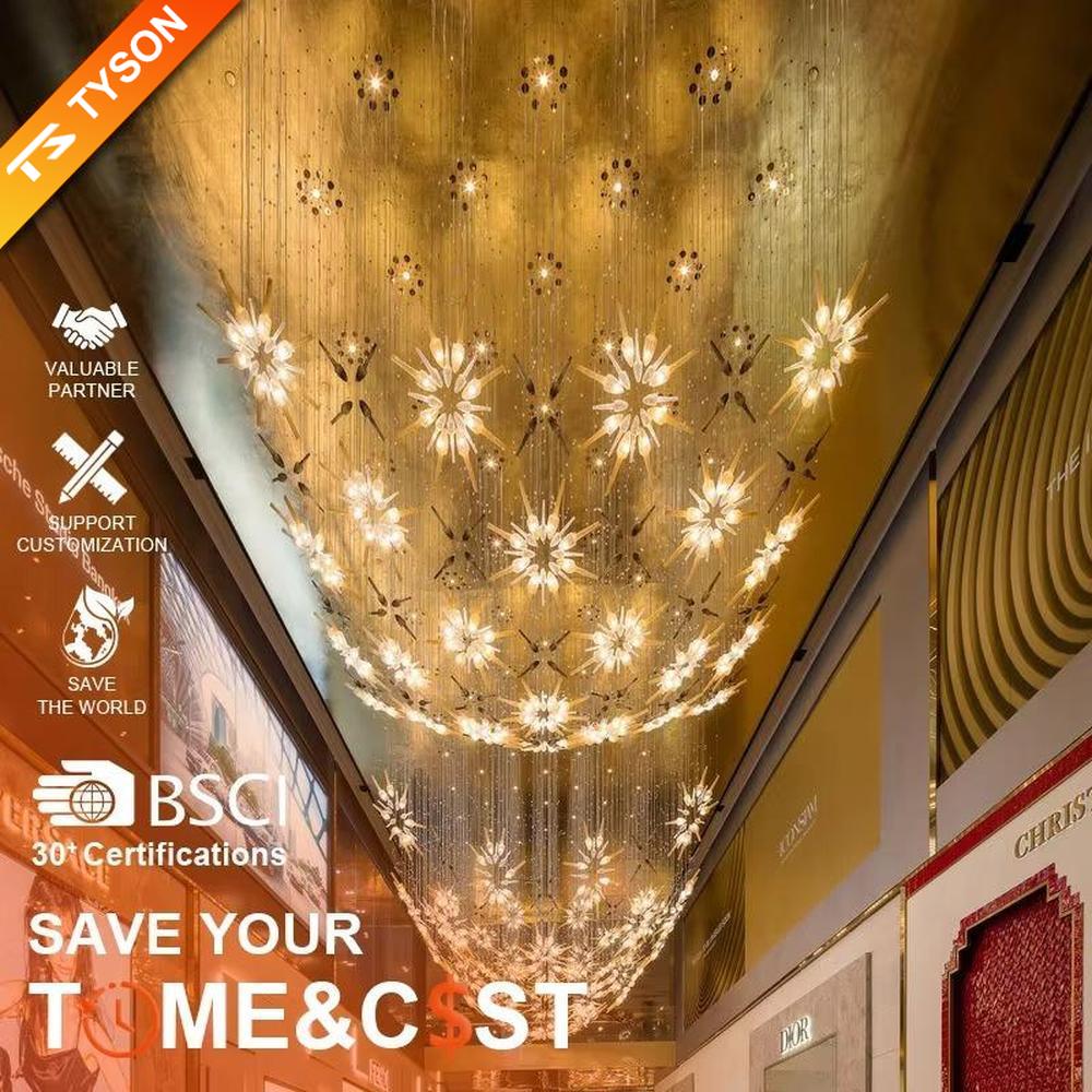 This is an artistic radial flower-shaped glass chandelier, with multi-layer colored glass components (gold, transparent, etc.) in a radial flower design, hanging structure, featuring strong artistic sense and visual hierarchy. It is used for space lighting and artistic decoration, creating a luxurious artistic atmosphere. It is suitable for high-end hotel lobbies, art exhibition halls, luxury clubs and other places.